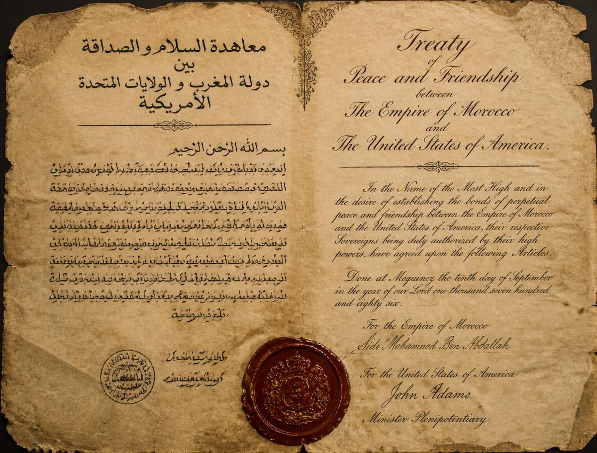 Artistic recreation of the 1786 Treaty of Peace and Friendship, showing Arabic and English pages side by side